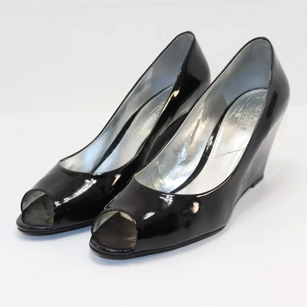 Michelle‎ D Peep Toe Wedge 7.5 Black Womens Leather Patent Classic